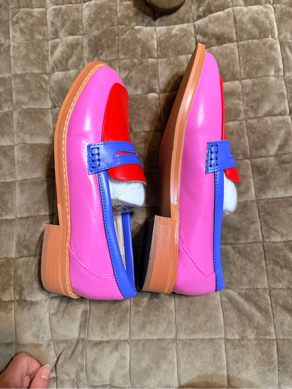 Colorblock Pink and Red Women's Loafers with Blue Accent - Picture 2 of 4